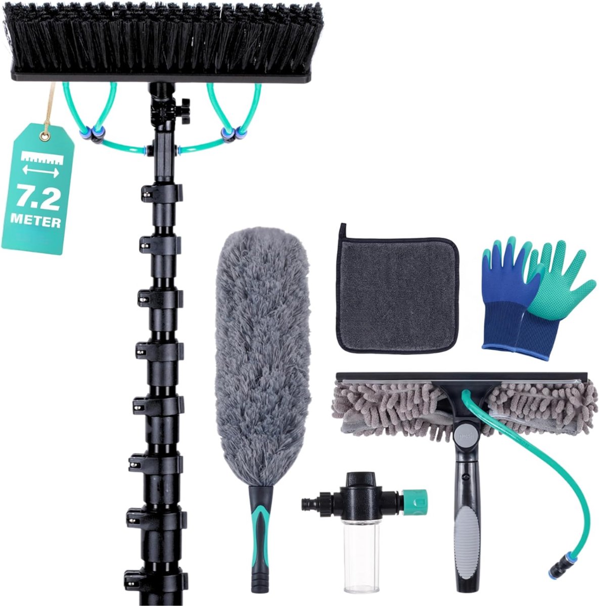Telescoopsteel Ramenwasser - Telescopische Wasborstel - Raamtrekker & Duster - Zwart - 720cm x 34cm x 10cm