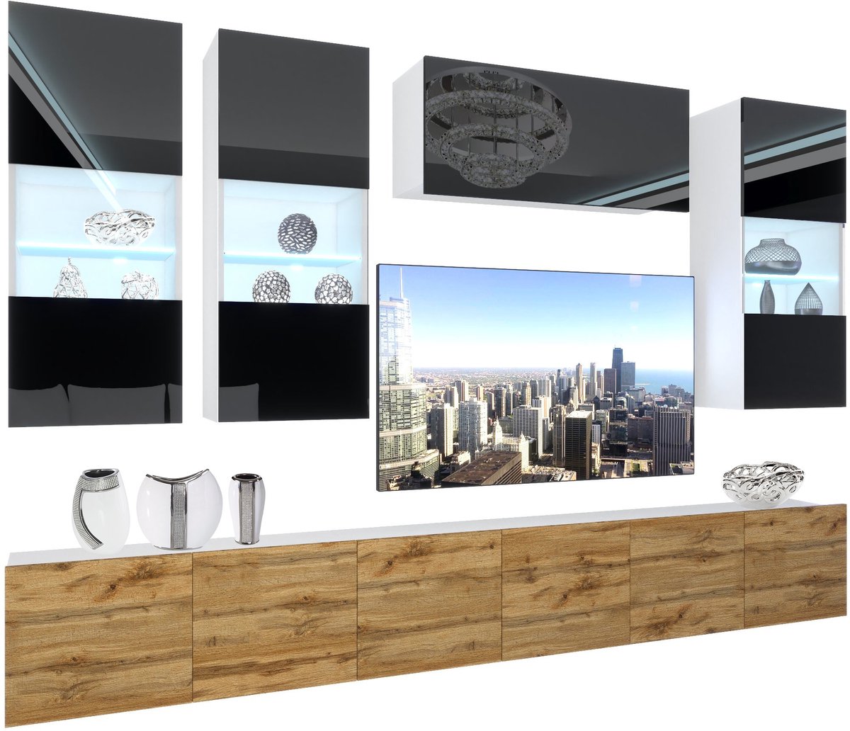 BELINI Wandmeubel NEX 5 - TV-Wandkast Set met LED-Verlichting Zwart / Wotan Eiken - Hoogglans Fronten