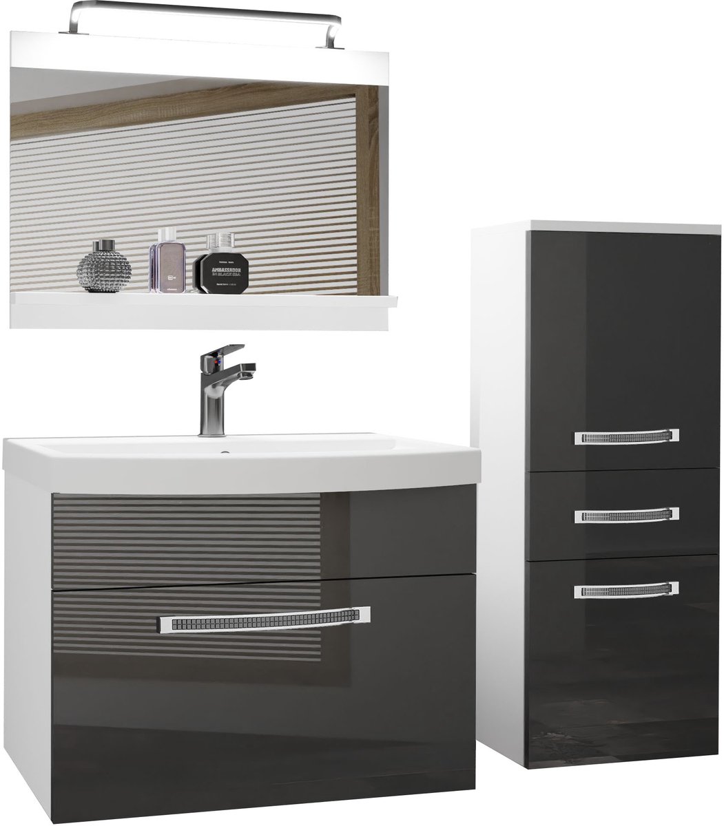 BELINI Badkamermeubel Set GLA P 2 - Badmeubelset 100 cm Grijs Hoogglans met Wastafel, Spiegel en LED Lamp - Wandmontage