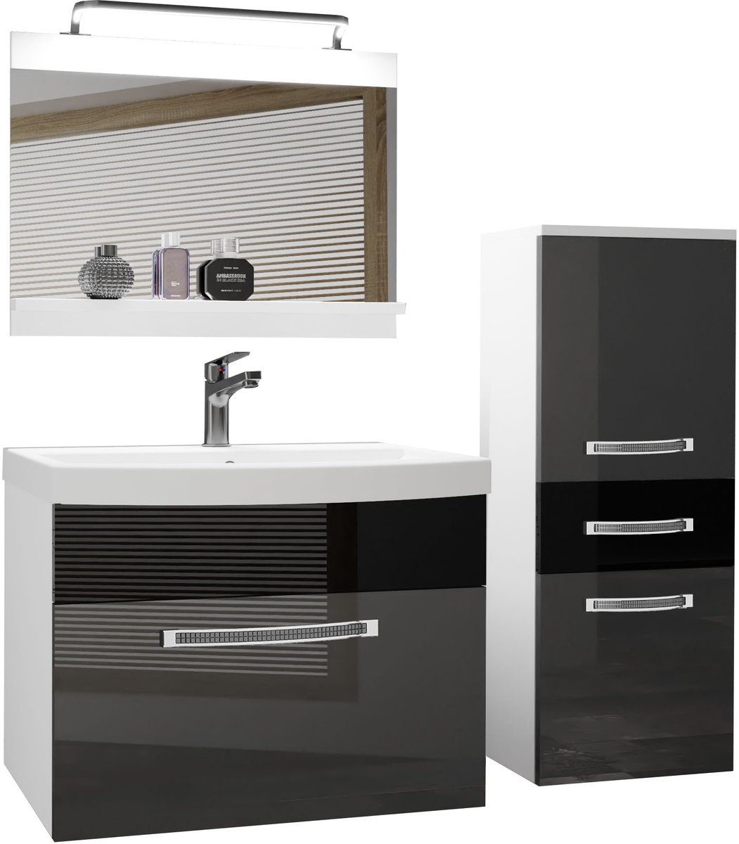 BELINI Badkamermeubel Set GLA P 2 - Badmeubelset 100 cm Zilver/Zwart Hoogglans met Wastafel, Spiegel en LED Lamp - Wandmontage