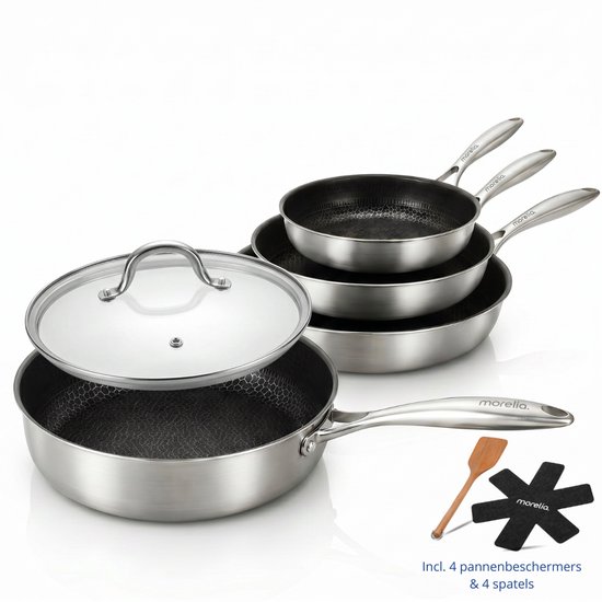 Morelia® 4-delige Keramische Pannenset met Deksels – 20, 24, 26 & 28 cm- Hapjespan, Koekenpannenset - RVS Honingraat - Anti-Aanbakpan - PFAS & PTFE vrij - Inductie, Elektrisch, Keramisch & Gas - Zwart