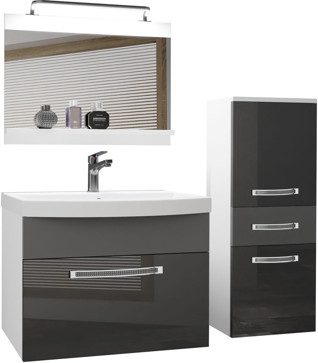 BELINI Badkamermeubel Set GLA PM 2 - Badmeubelset 100 cm Grijs Hoogglans en Mat met Wastafel, Spiegel en LED Lamp - Wandmontage