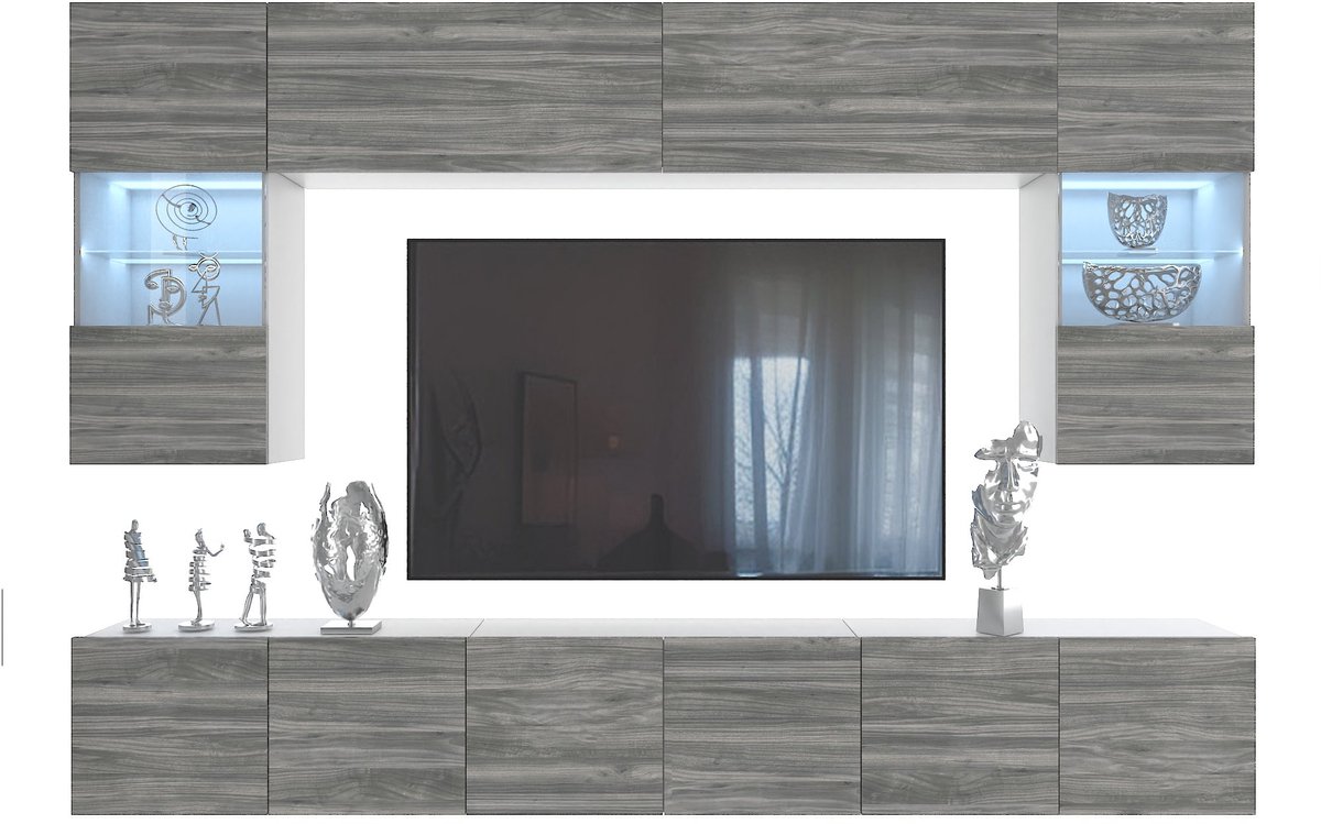 BELINI Wandmeubel Milano 1 300 cm Grijs Mat - TV-Wand Greeploos - Moderne Woonwand met Gas