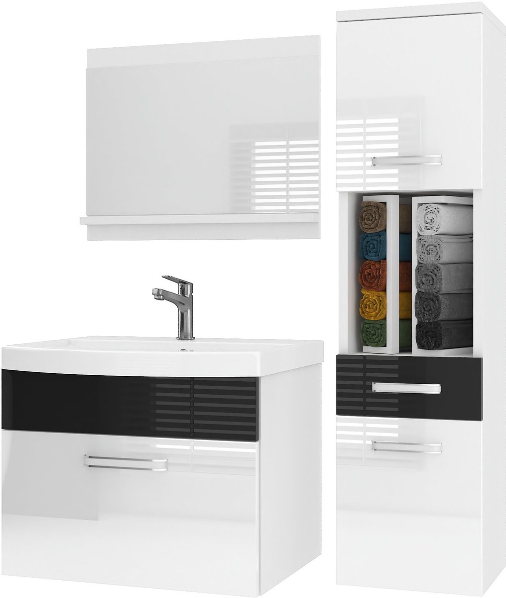 BELINI Badkamermeubel Set PRI P3 - Badmeubelset 90 cm Wit/Zwart Hoogglans met Wastafel en Spiegel - Wandmontage