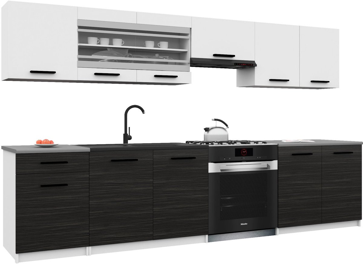 BELINI Keukenblok ITALIA 4 - Keukenmeubel Set 260 cm Wit-Ebbenhout met Werkbladen - Boven- en Onderkasten