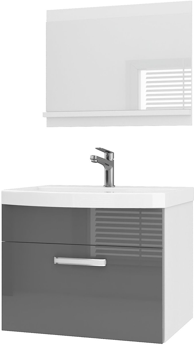 BELINI Badkamermeubel Set PRI P1 - Badmeubelset 60 cm Grijs Hoogglans met Wastafel en Spiegel - Wandmontage