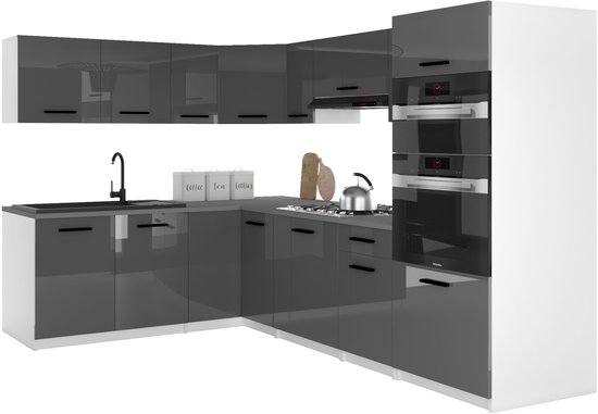 Hoekkeuken in grijs hoogglans met witte accenten, dubbele ovens en een werkblad.