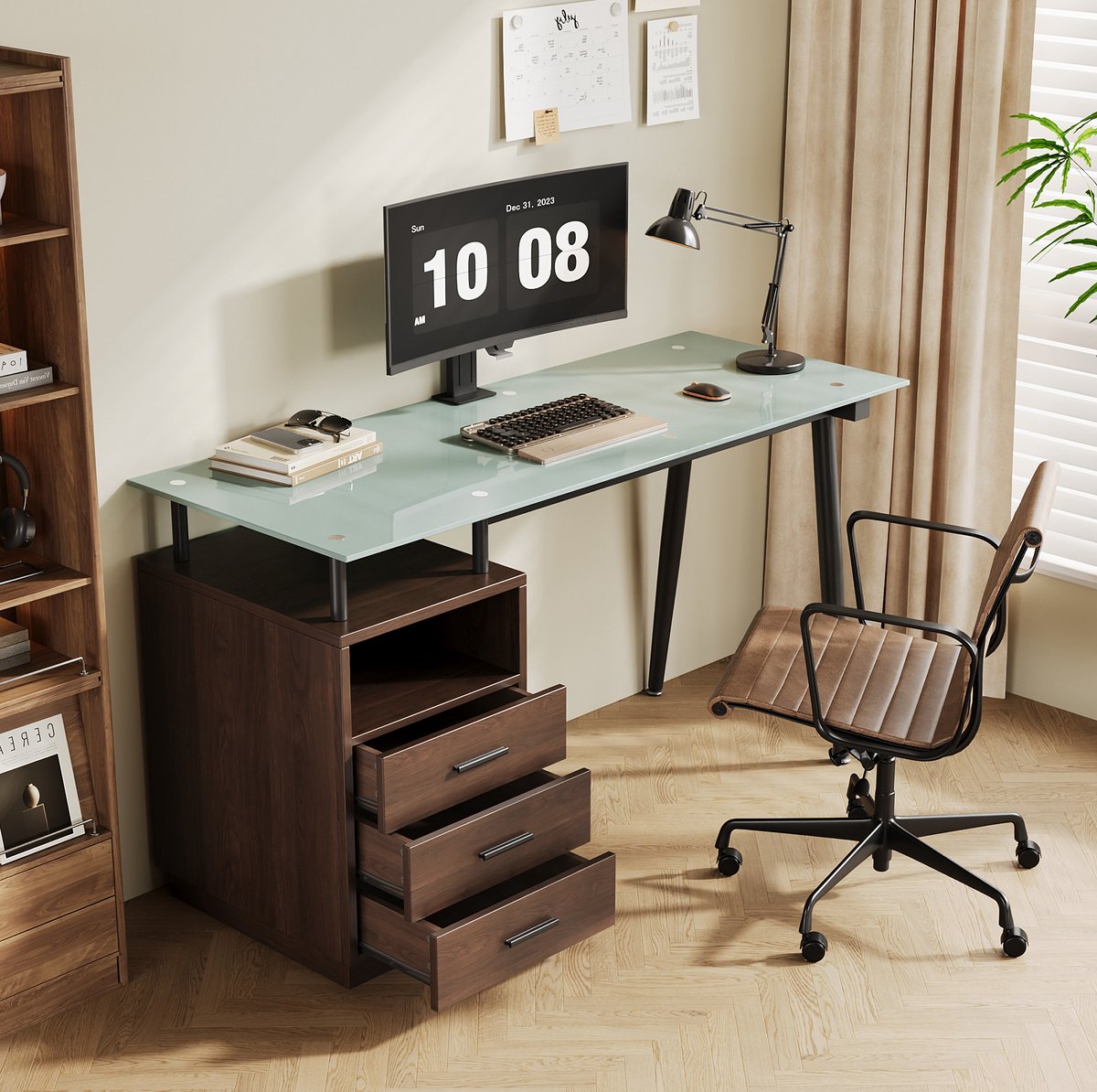 DESMIU Bureau - Modern Bureau Met Gehard Glazen Blad En 3 Laden - Voor Werkkamer En Thuiswerkplek - MDF En Metaal - 130x50x75 Cm - Bruin