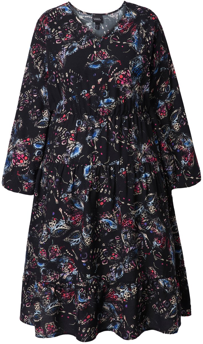 Ulla Popken Dames - Midi-jurk vlinders A-lijn V-hals lange mouwen - Zwart - Maat 46+