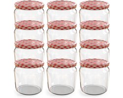 Oputec 12x 360ml inmaakpotten / voorraadpotten TO Ø 82 mm – glazen jampotten – metalen schroefdeksel rood-wit geruit – conservenpotten