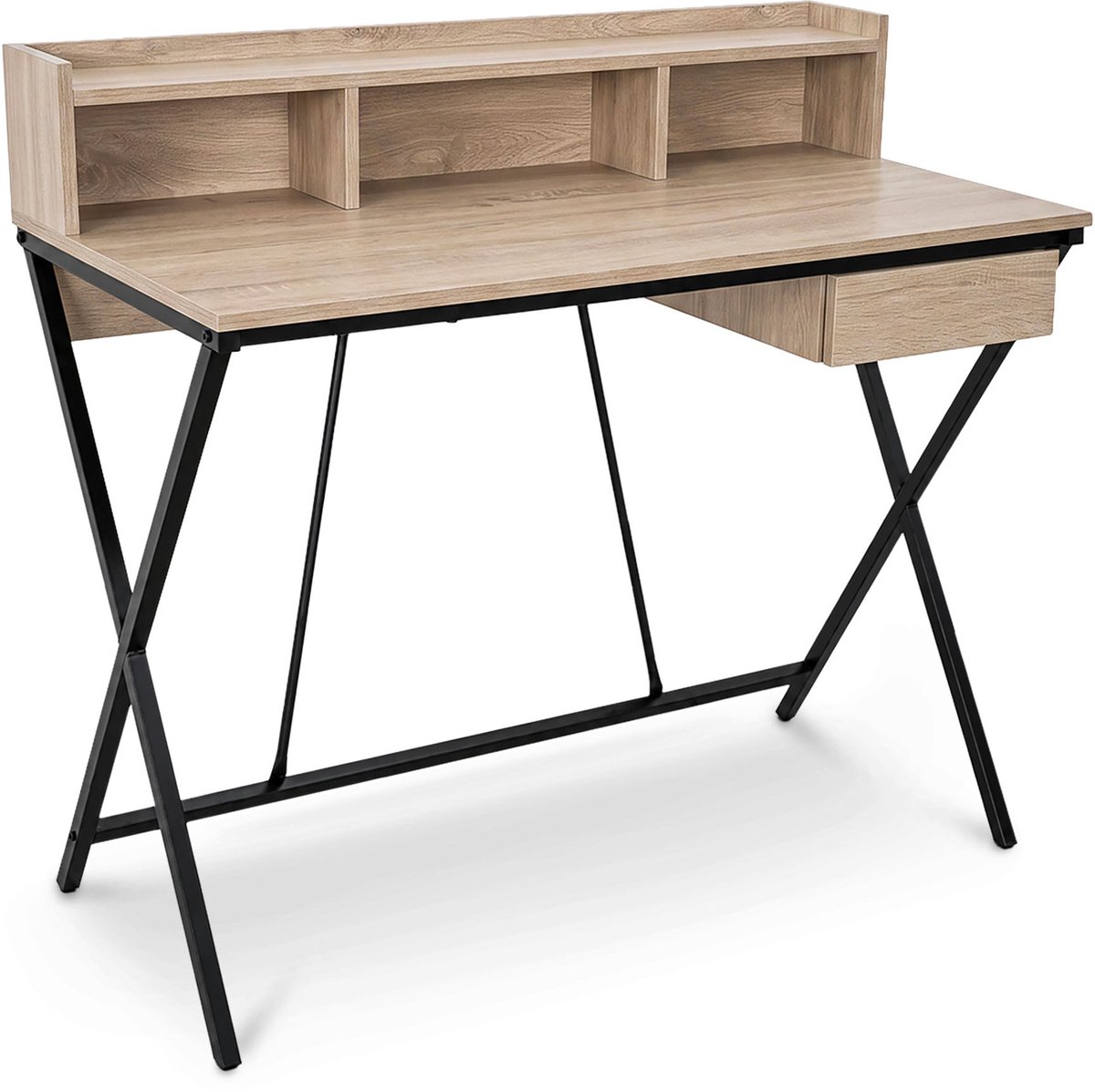 Computertafel Bureau FLEXO / Industrieel / Eiken Sonoma / 100 cm / 1 Lade / 1 Plank / Zwarte Poten