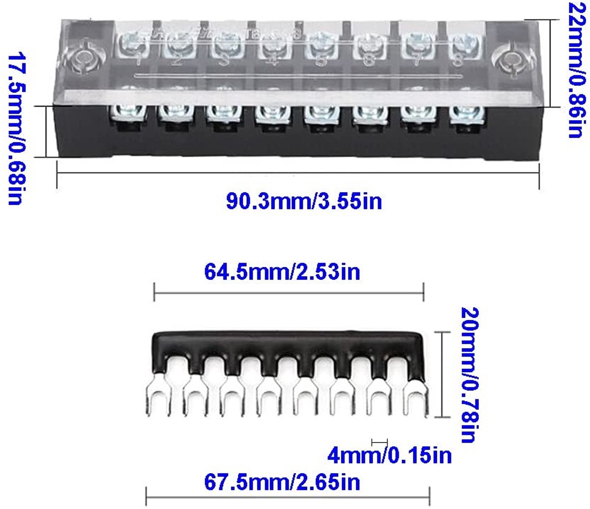 12-delige Schroefklemmen Blok met Dubbele Rij en 4 Posities - Clamp Strip 600V 15A en Vooraf Geïsoleerde Terminal Barrière Strip Rood/Zwart 400V 15A
