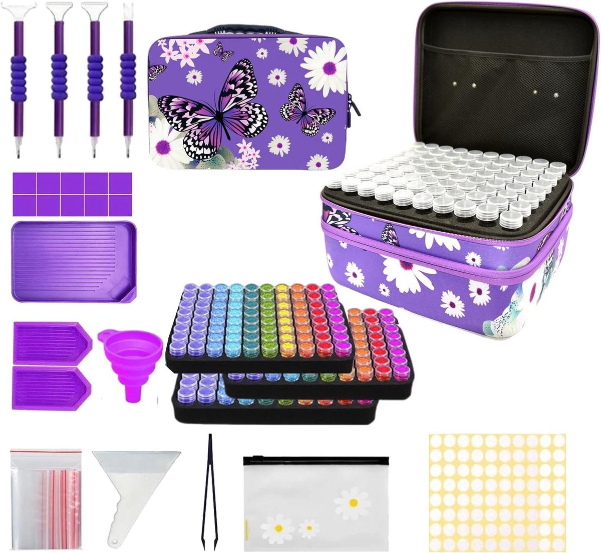 Diamant Schilderen Opbergdoos - Knutsel Accessoires - Hobby Organiseren - 240 Vakken - 36 x 33 x 21 cm - Vlinder