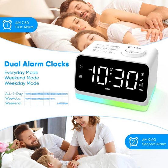 Digitale Wekker - Kleurrijke Klok - Wakker Worden - Dubbel Alarm - 11.5 cm - Wit — afbeelding 3