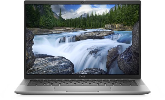 Zilveren Dell Latitude 7440 laptop, van voren gezien, met open scherm met waterval.