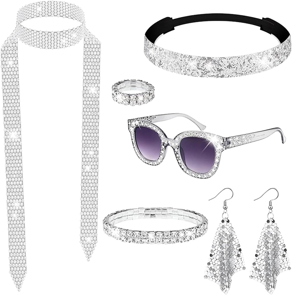 70s disco accessoires set met pailletten hoofdband, bling zonnebril en lange sjaal - Perfect voor retro feestjes, themafeesten en kostuumverhuur
