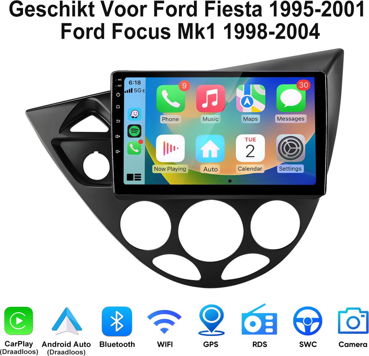 Junsun Android 15 Autoradio Geschikt Voor Ford Fiesta 1995-2001 Focus Mk1 1998-2004 - 2GB+64GB - Draadloze CarPlay & Andriod Auto - Bluetooth - GPS Navigatiesytem - 9-inch HD Touchscreen - WIFI - FM - RDS - Quad-core processor