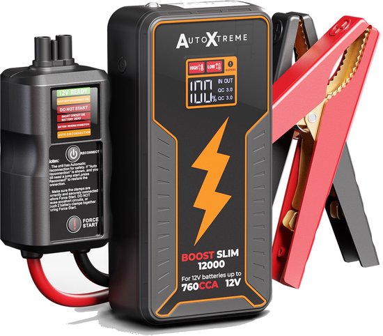 Le démarreur AutoXtreme Boost Slim 12000 avec écran LED et pinces.