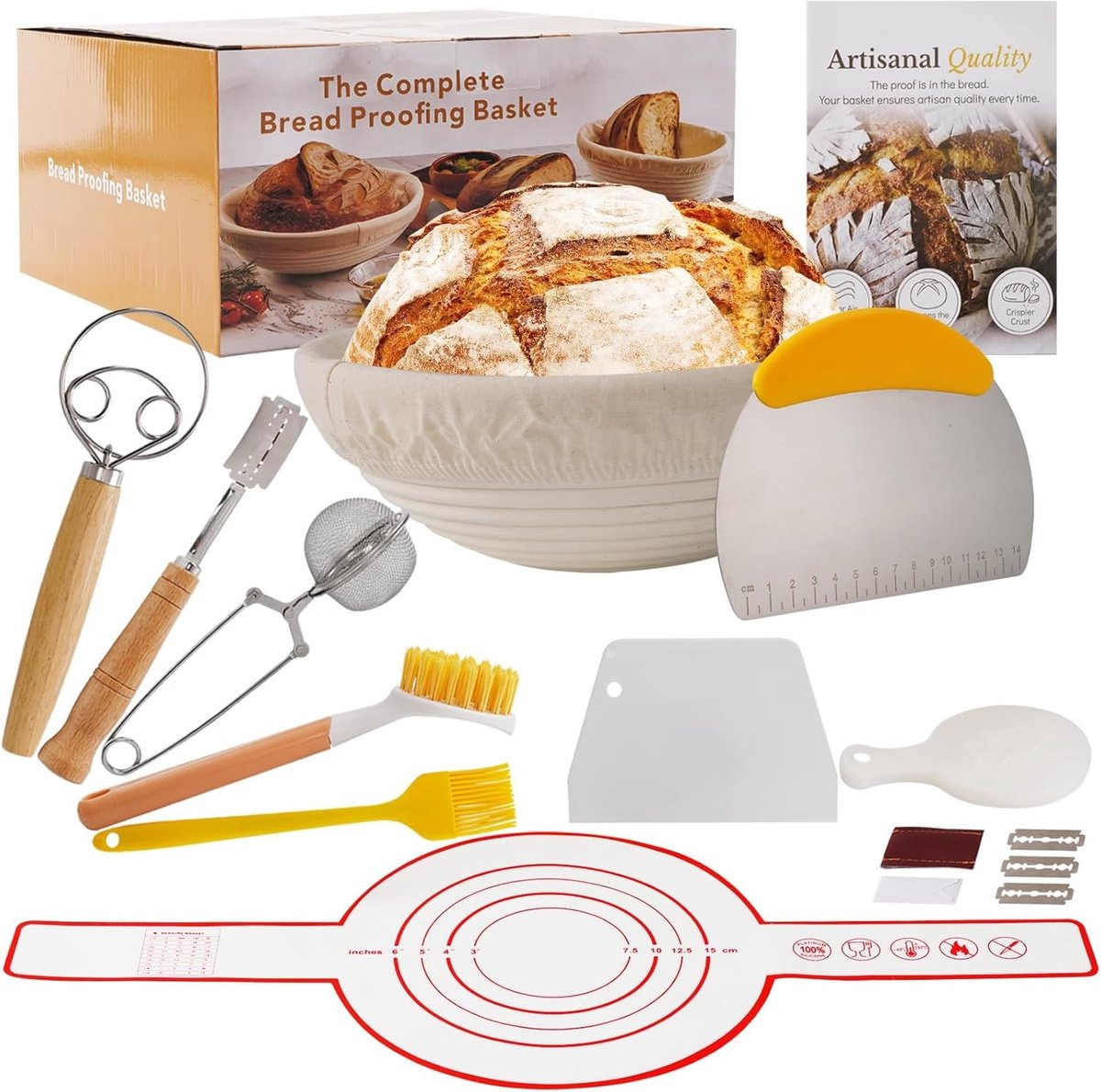 Sourdough Brooddeeg Starter Kit met Banneton Bewijsmand, Starter Jar en Bak Essentials voor Thuisbakkers - Perfecte Cadeaus voor Bakliefhebbers (15 Stuks)