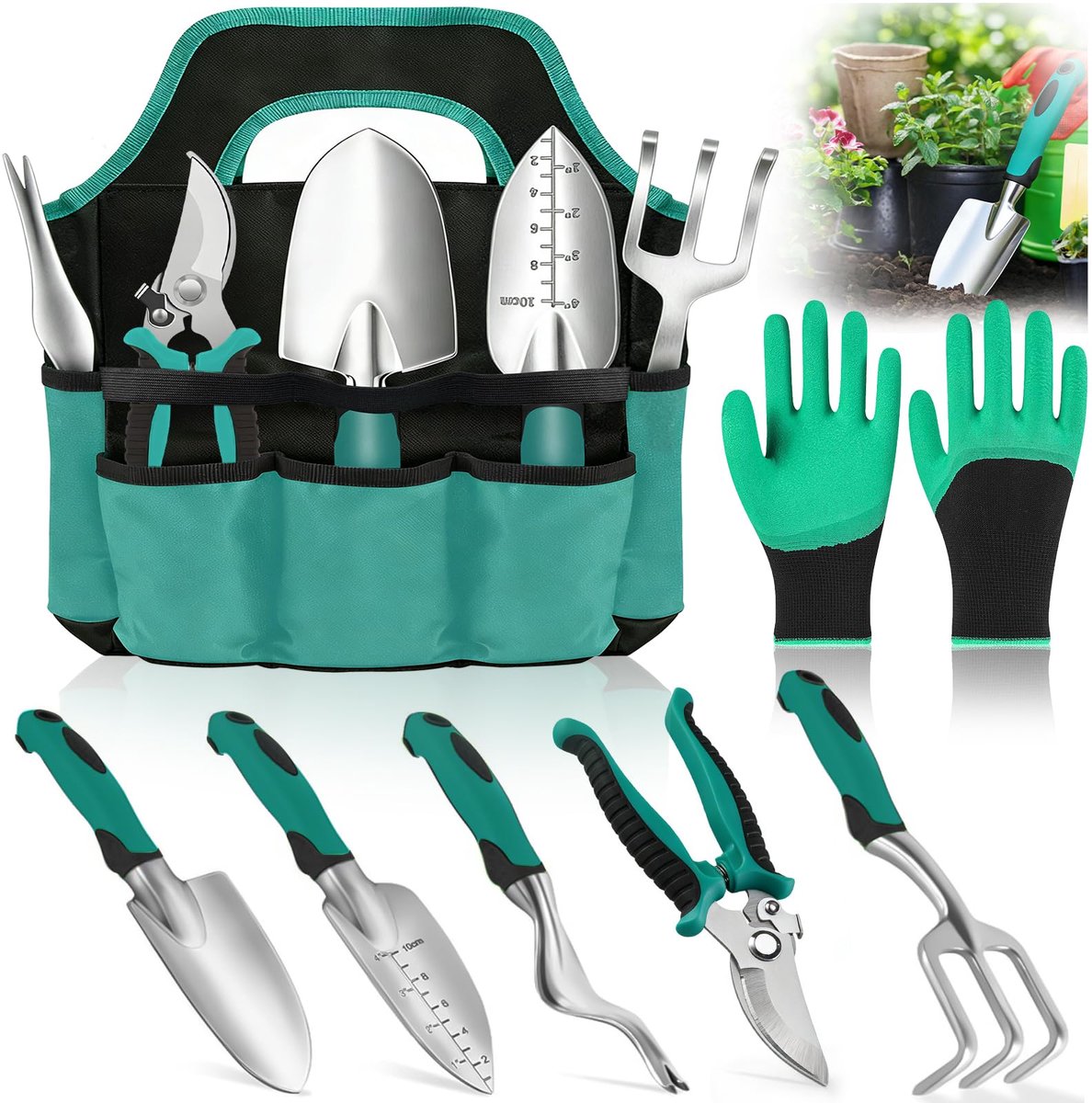 SnelShoppen - 8 Delige Tuingereedschapset met Duurzame Opbergtas, Handgereedschap van Roestvrij Staal, Ideaal Tuincadeau voor Mannen en Vrouwen, Perfe
