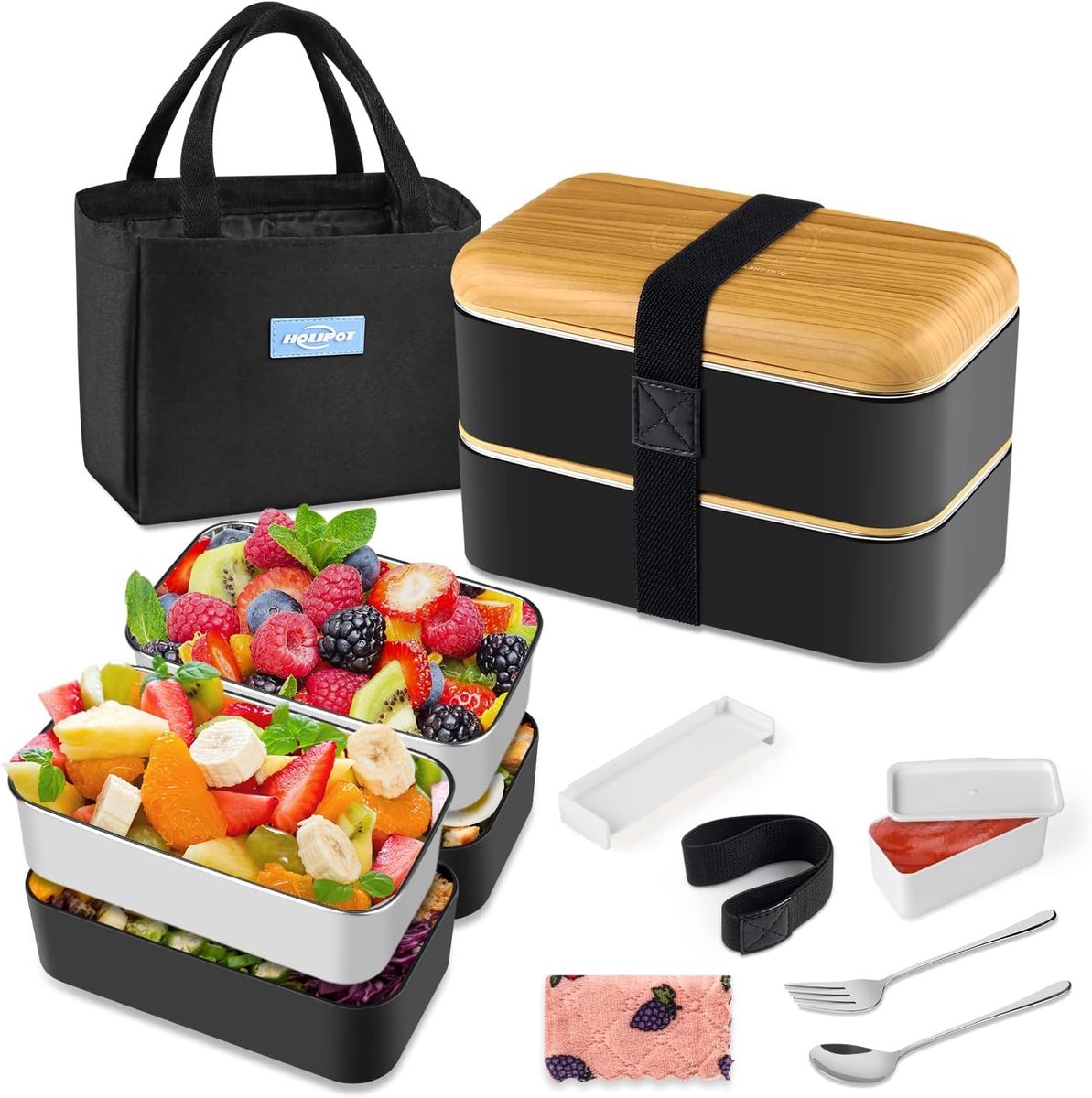 SnelShoppen - Bento Box Lunchbox Zwart, Broodtrommel met Vakken, 2 Niveaus, 2 Milieuvriendelijke PP en Roestvrijstalen Containers, Inclusief Vork-Lepe