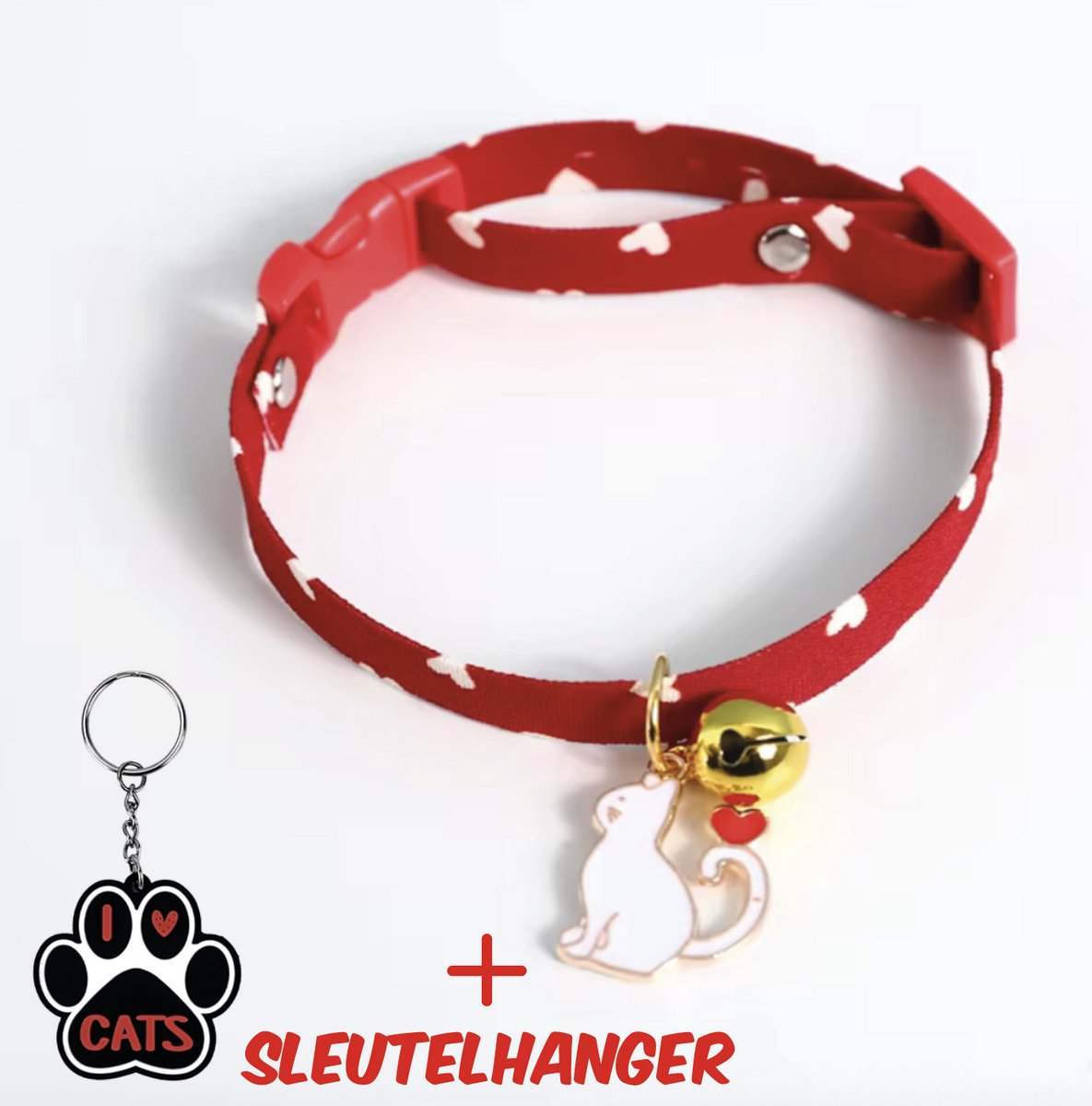 SilverAndCoco® - Rode Katten Halsband met Bel met Gratis Sleutelhanger | Velvet Kat Kitten Bandje met belletje | Kattenhalsband Suède Gouden | Cat Kleding Decoratie Poezen | Kattenbandje Huisdier Poes - Rood