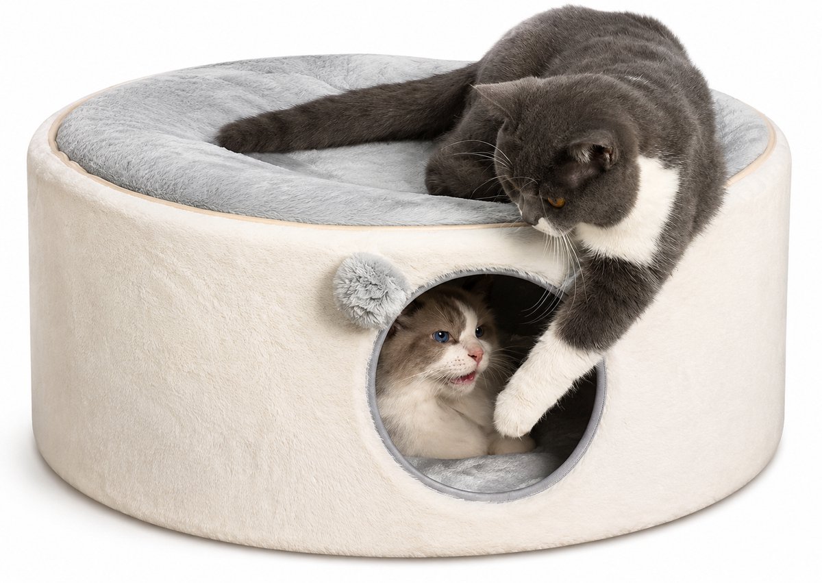 Verhoogde Kattenmand Voor Binnen - Gesloten Kattenhuis Met Zachte Schuilplek - Pluizige Kattencabine Met Wasbare Hoes En Luxe Kussen - Comfortabel Kattenbed Voor Katten En Kleine Honden - 60 × 45 × 27 cm