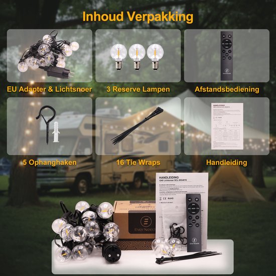 Verpakking van een EverNeeds G40 LED-lichtslinger met EU-adapter, 16 lampen, 3 reservelampen, 5 ophanghaken, 16 tie wraps en afstandsbediening.