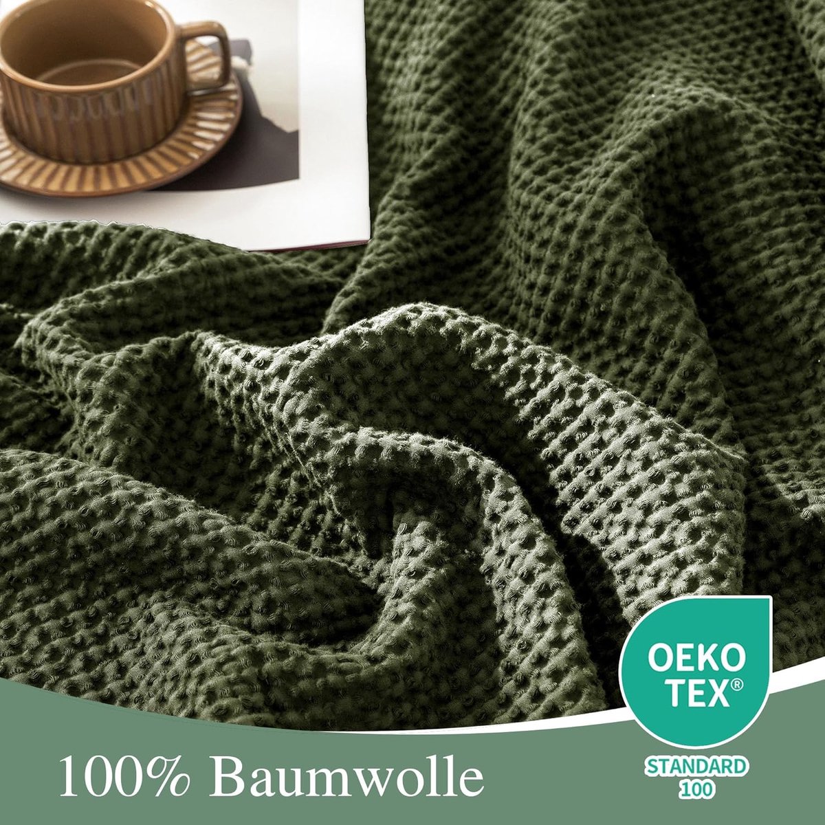 SnelShoppen - CHUFFED 100% Katoenen Deken 220 x 240 cm, Zachte Ademend Sofadeken, Wafelpatroon Olijfgroen, Knuffelige Woondeken voor Woonkamer, Sofa,