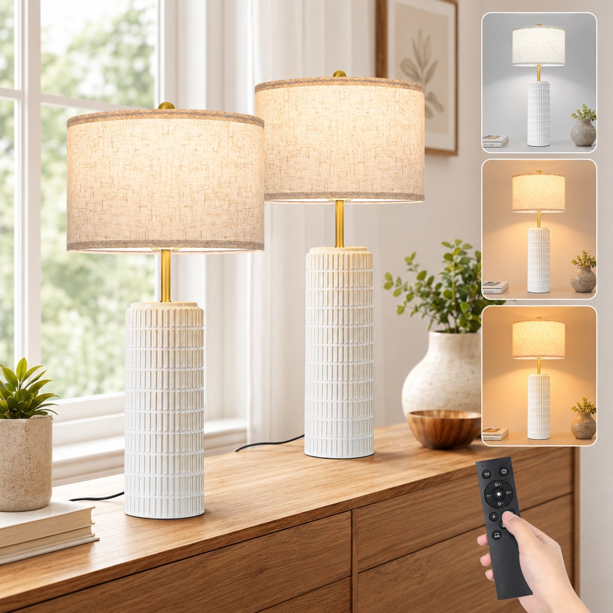 MUPOO Elegant Tafellamp slaapkamer Keramiek met Linnen Lampenkap- Moderne bedlamp met Afst