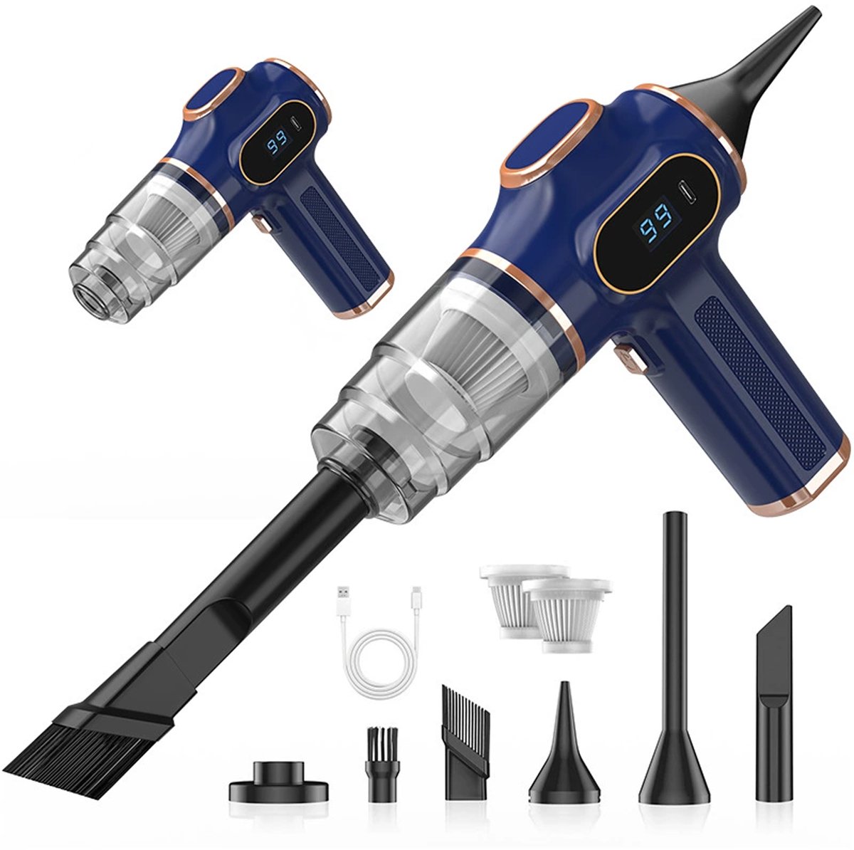 KZQ Handheld auto stofzuiger met LCD-scherm - Draadloze oplaadbare stofzuiger voor auto thuis kantoor en huisdierharen - 7-in-1 reinigingsset - Blauw