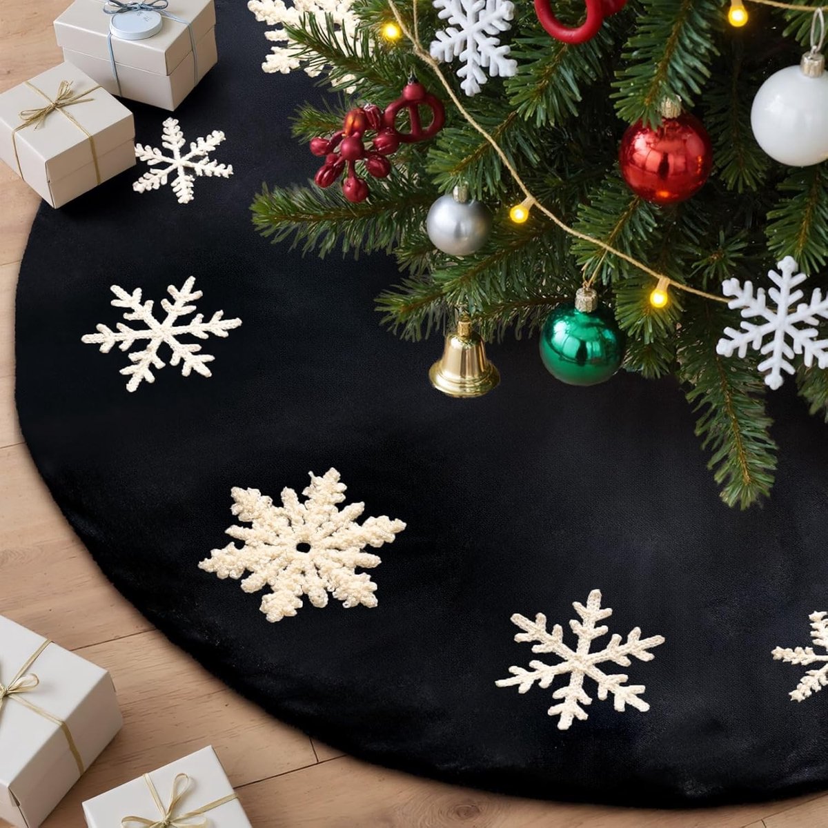 40 cm Geborduurde Kerstboomrok van Zacht Velvet, Decoratieve Basisbedekking met Sneeuwvlokken voor Mini Slimme Kerstboom - Winterse Binnenhuisdecoratie voor de Feestdagen