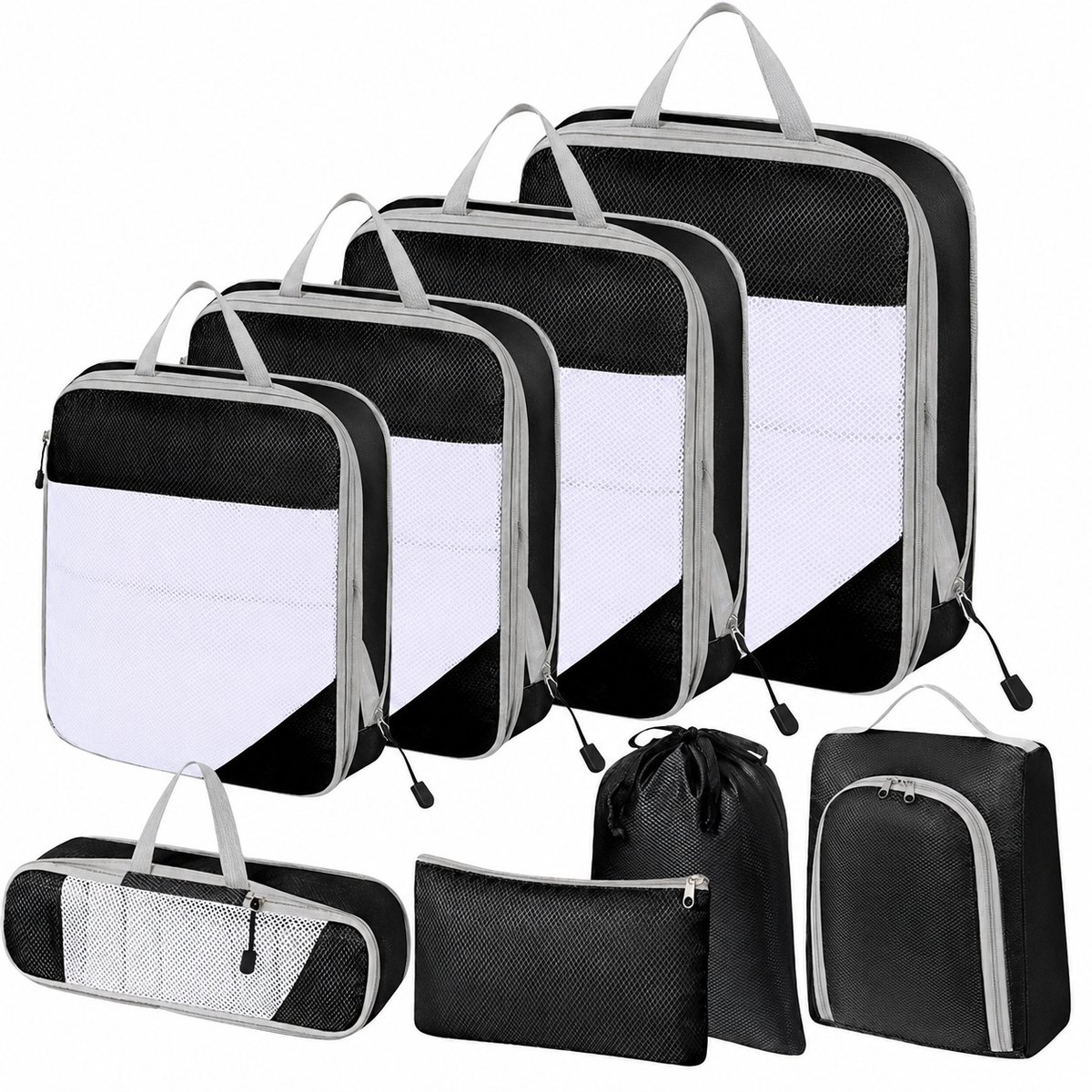 Packing Cubes Set 8-Delig - Koffer Organizer Set - Packing Cubes - Koffer Organizer - Kleding en Bagage Organizer - Travel Cubes - Reis Accessoires - Organizer voor koffer en backpack - Voor tassen en backpacks - Zwart