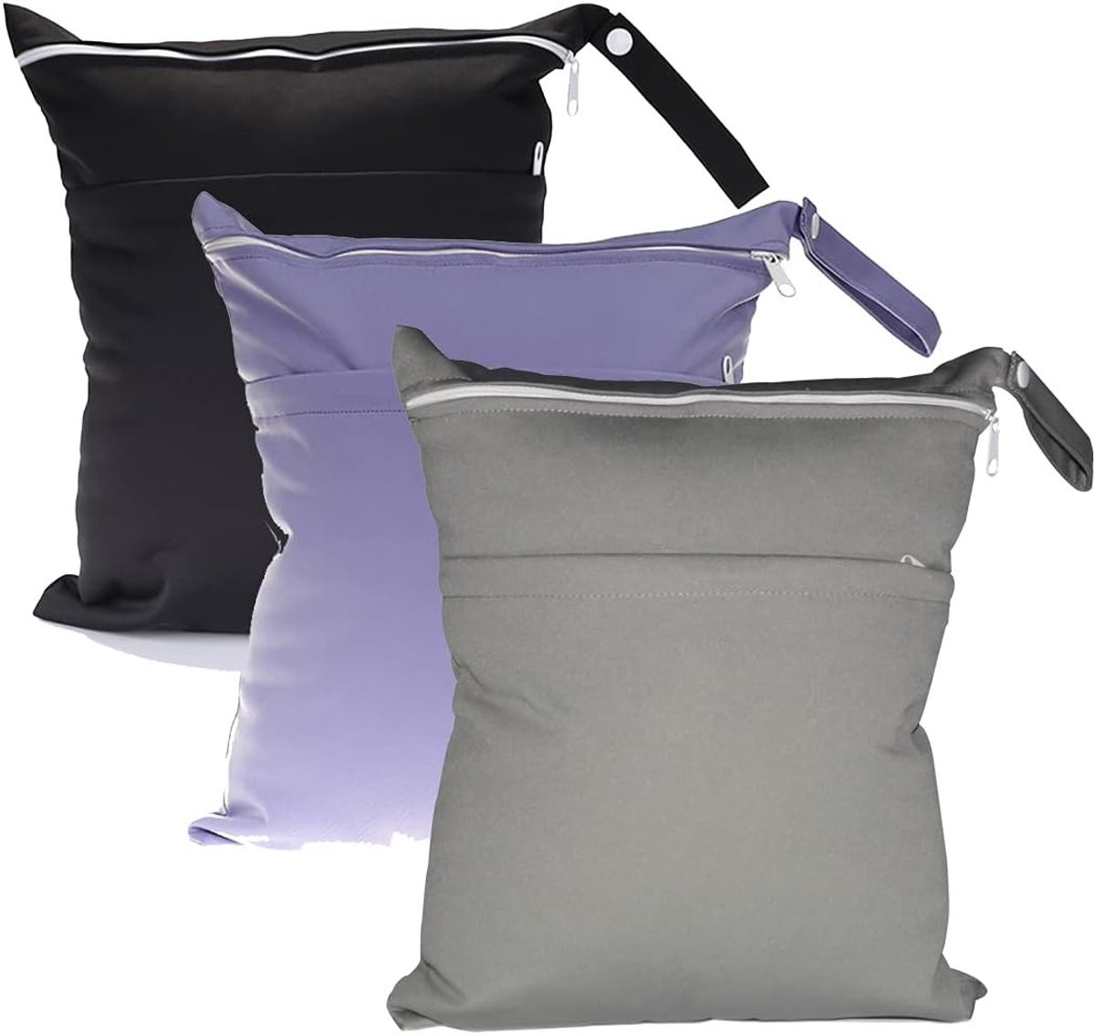 Herbruikbare natte tas set van 3 stuks 30 x 36 cm - Grote organizer voor luiers met 2 ritszakken in zwart, grijs en lavendel
