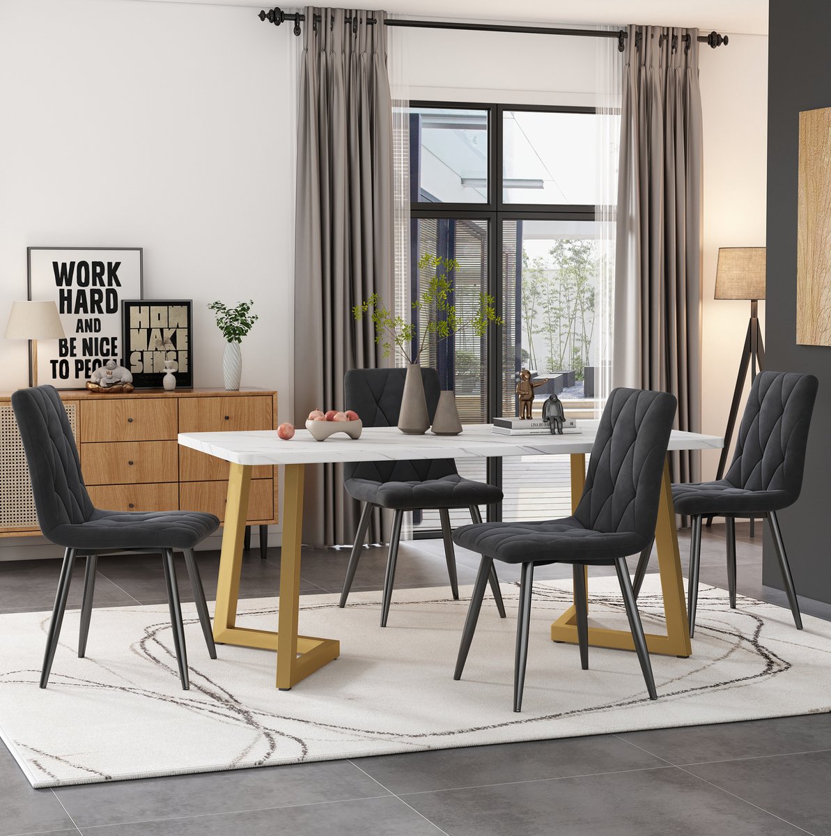 COVREO Eettafelset 117x68x75 cm grijs, MDF en metaal met 4 stoelen