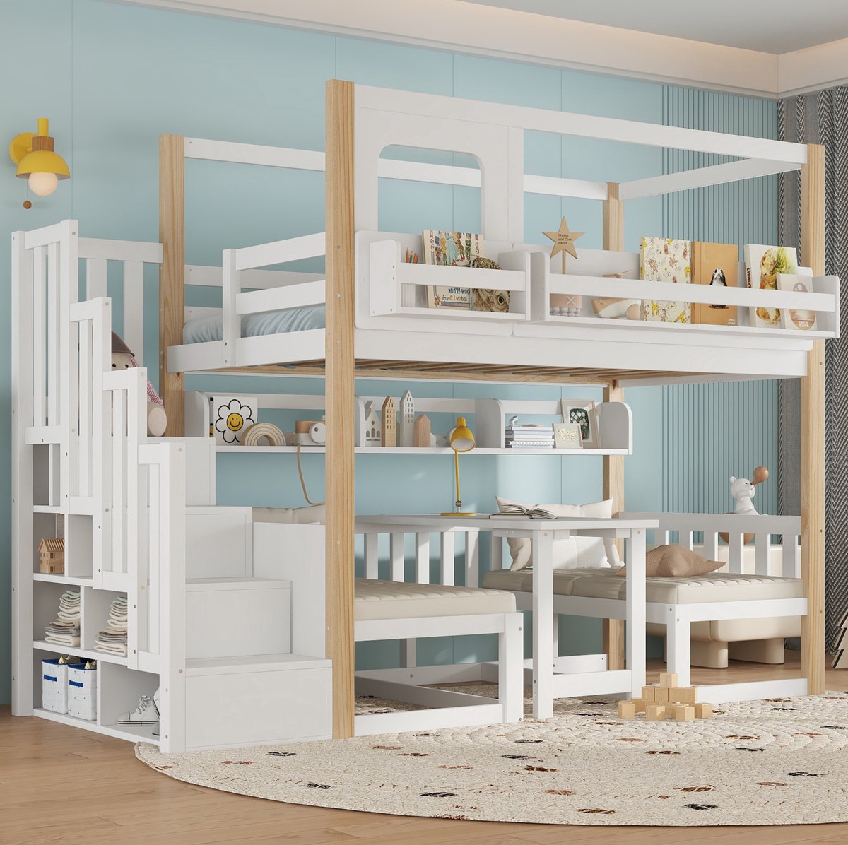 DESMIU Stapelbed 90x200 cm – Met Opklapbare Tafel – Met Opbergtrede en Boekenplank – Voor Kinderen – Hout en MDF – Wit Naturel – Zonder matras