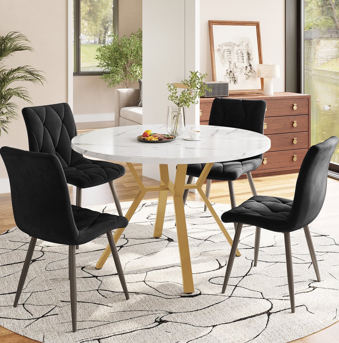 COVREO Eettafelset rond 100 cm zwart en goud, MDF en metaal, 4 stoelen