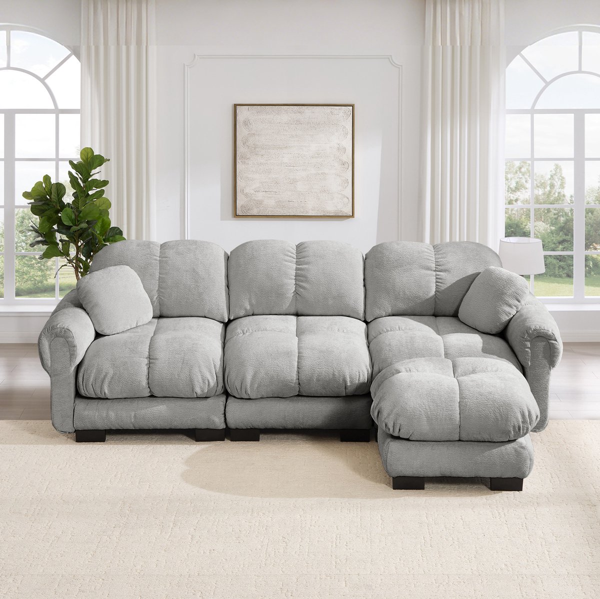 OKWISH Hoekbank 260 x 149 x 90 cm - 3-Zits L-Vorm Met Verplaatsbare Ottomane En 2 Sierkussens - Voor Woonkamer - Chenille - Lichtgrijs