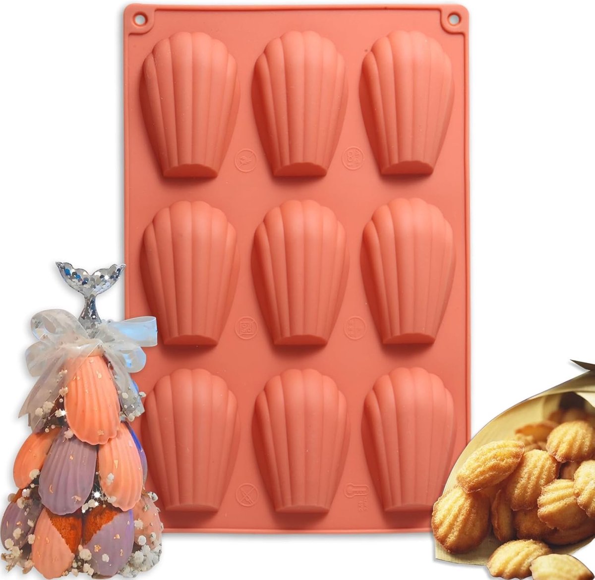 Bakvorm voor madeleines, 9 schelpvormen, 30 x 20 cm, koraal, ideaal voor koekjes en gebak bakken