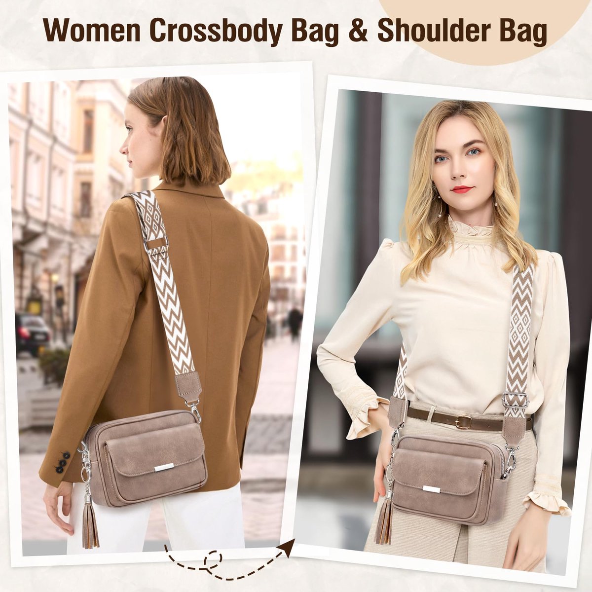 SnelShoppen - NEWIROVE Crossbody Bag Leren Schoudertas Dames, Middelgroot, Zwart met Brede Riem en Franjes, Verstelbare Schoudertas voor Winkelen, Rei