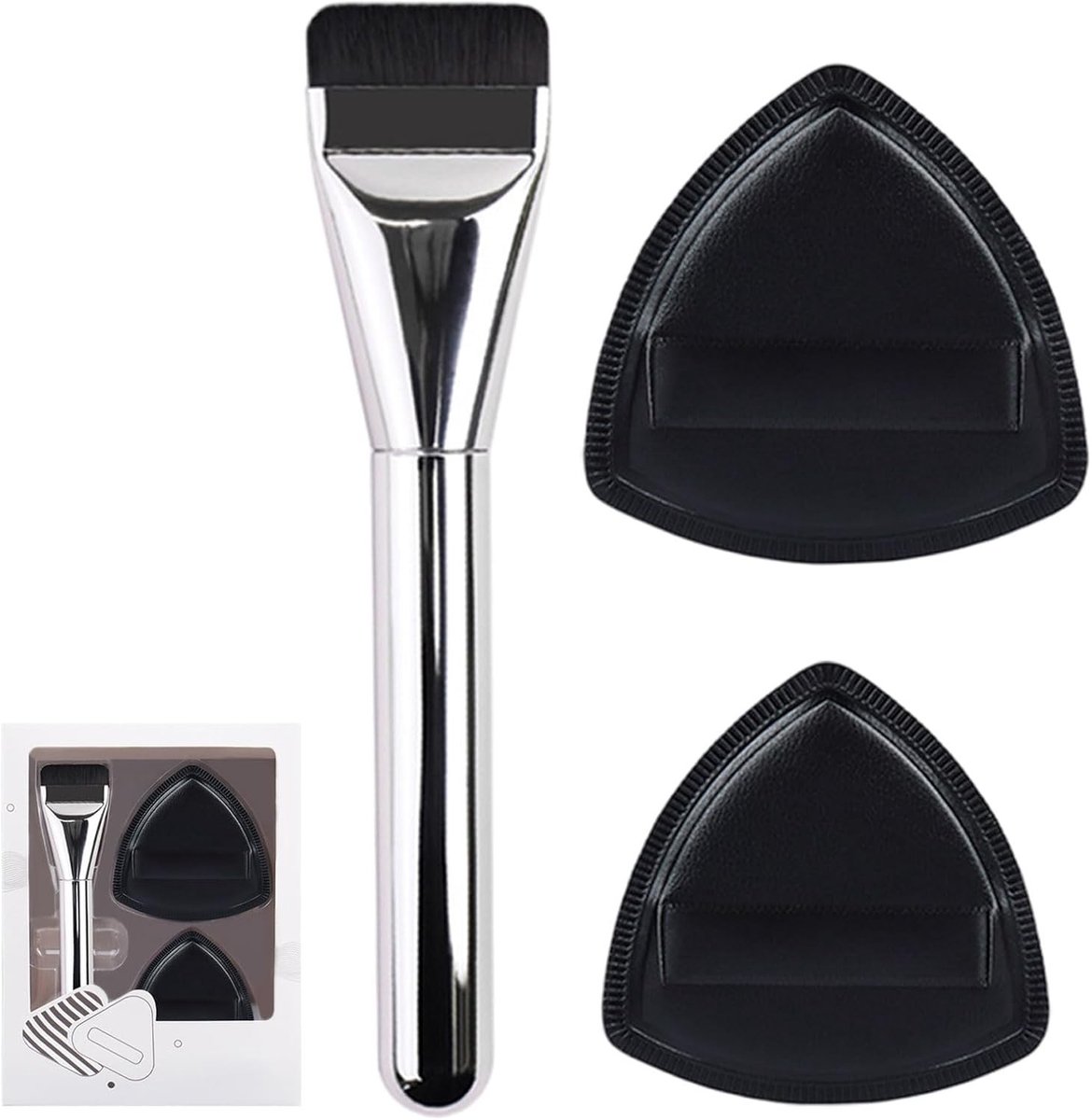 Complete Set van Make-up Penselen en Puffs voor Vlekkeloze Foundation, Concealer en Contour Afwerking (1 Penseel, 2 Puffs, Zwart)