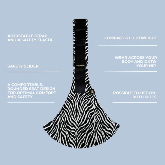 Wildride® Kinderdrager Zebraprint Zwart - Lichtgewicht & Draagbaar - Heupdrager Voor Kinderen van 9 Maanden tot 4 Jaar - Draagzak voor Baby en Peuter - Baby Carrier - Tot 20 kg