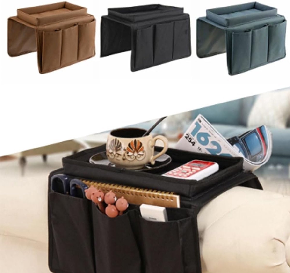 Handige Armleuning Organizer voor Sofa met 6 Opbergvakken en Bekerhouder voor Tablet, Telefoon en Boeken