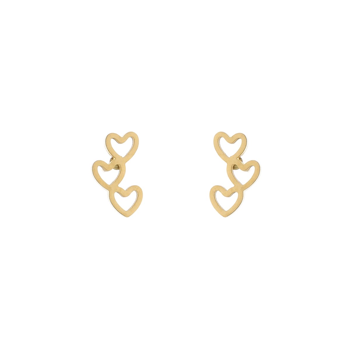 Stainless Steel Triple Open Heart Cascading Stud Earrings – Luxe Drievoudig Open Hart Oorstekers – RVS - Goud