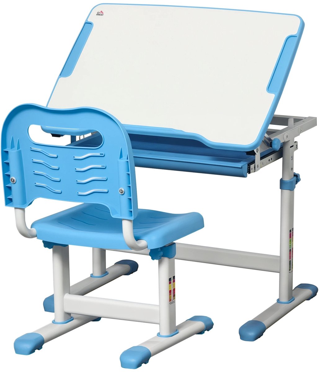 Atlasyx bureau - Kinderbureau - Kindertafel en stoeltjes - Kinderbureau met stoel - Met opbergbak - 66 x 47 x 52-77 cm - Blauw