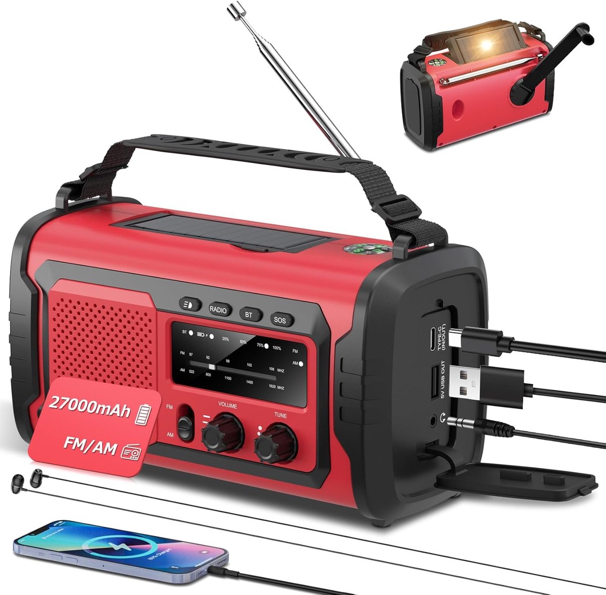 SnelShoppen - 27000 mAh Noodradio met Bluetooth 5.1, FM/AM, SOS Alarm, Kompas en Zaklamp - Opwindbare Radio voor Outdoor, Camping, Natuurrampen