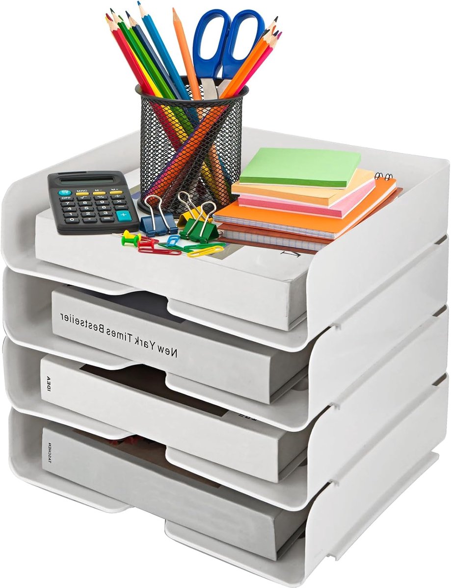 SnelShoppen - A4 stapelbare opbergvakken voor kantoor, 4 verdiepingen documentenlade, opbergsysteem voor papier, tijdschriften, kwitanties, kantoorben