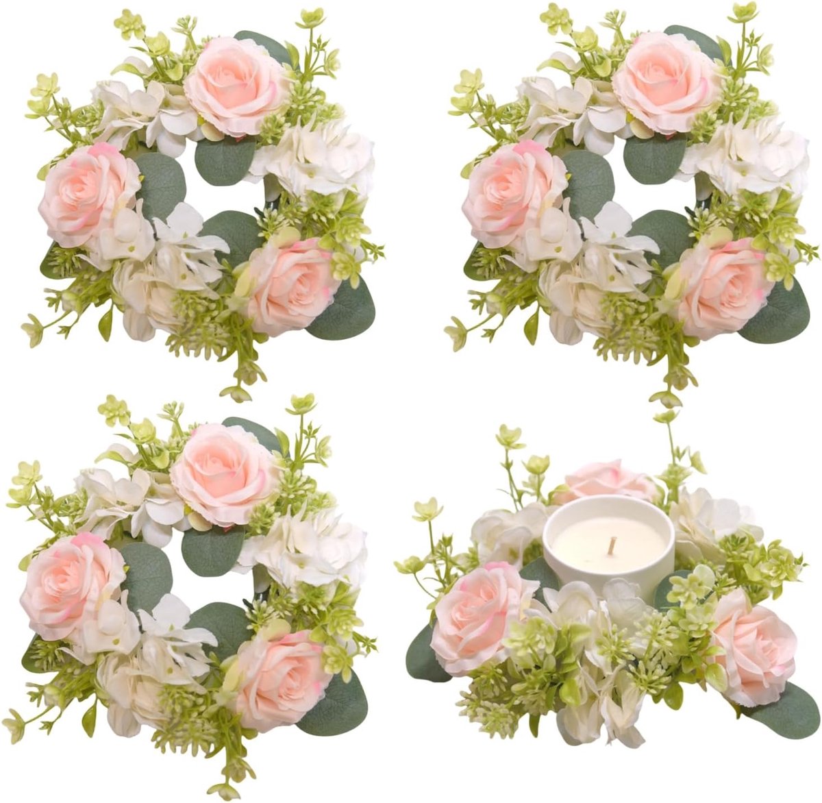 Set van 4 Kunststof Kaarsringen met Hydrangea in Roze