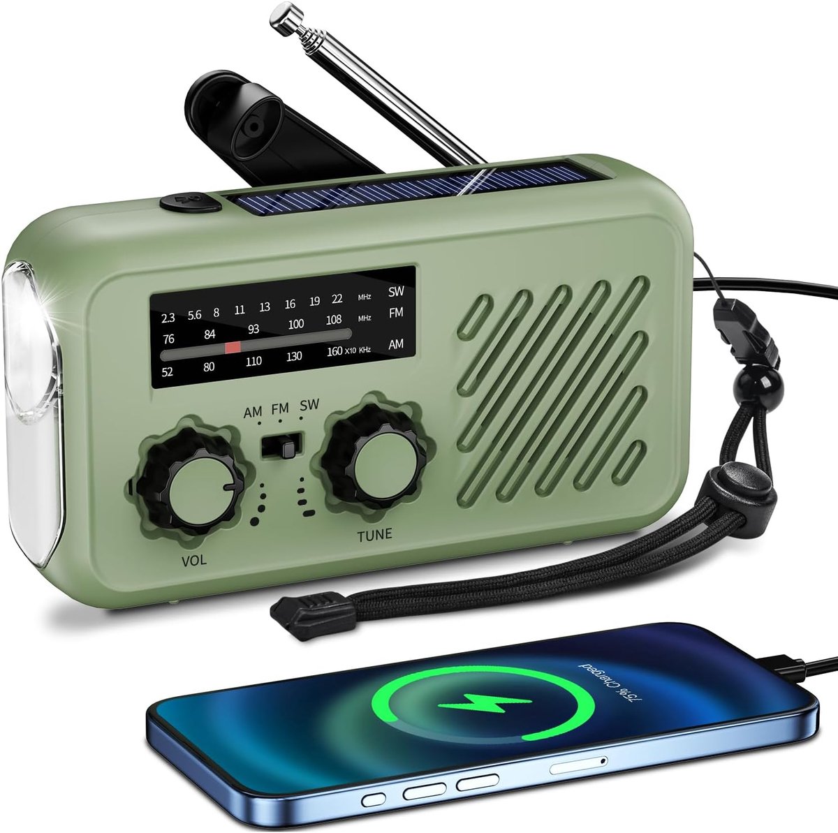 SnelShoppen - Zwengelradio Noodgevallen Wereldontvanger Oplaadbaar met Zonne-energie, 2000 mAh Powerbank, LED-Zaklamp, SOS-Alarmsysteem voor Outdoor,