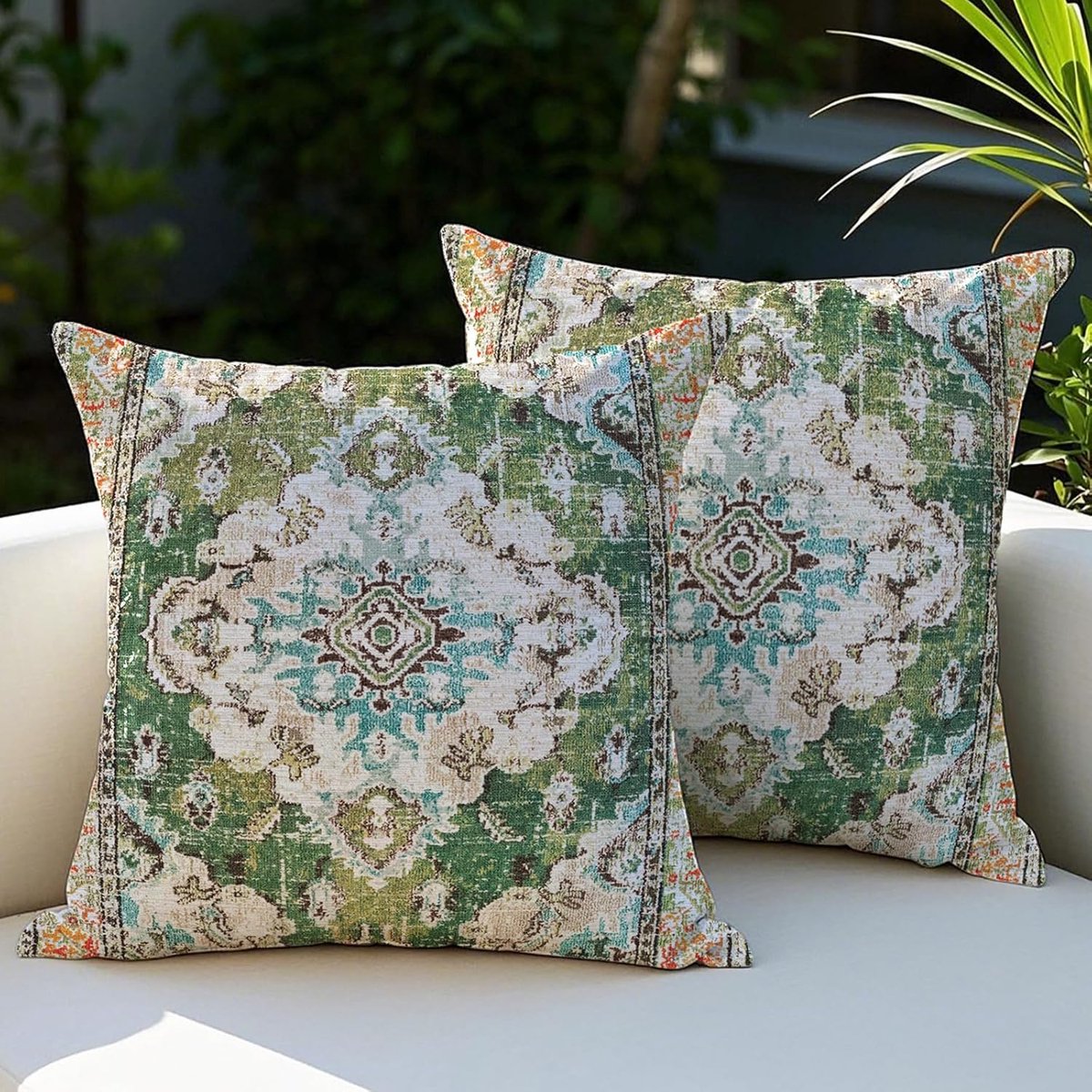 SnelShoppen - Weerbestendig Outdoor Kussen Set van 2, Boho Vintage Kussenslopen 45 x 45 cm, Groene Decoratieve Kussens voor Tuin, Woonkamer en Slaapka